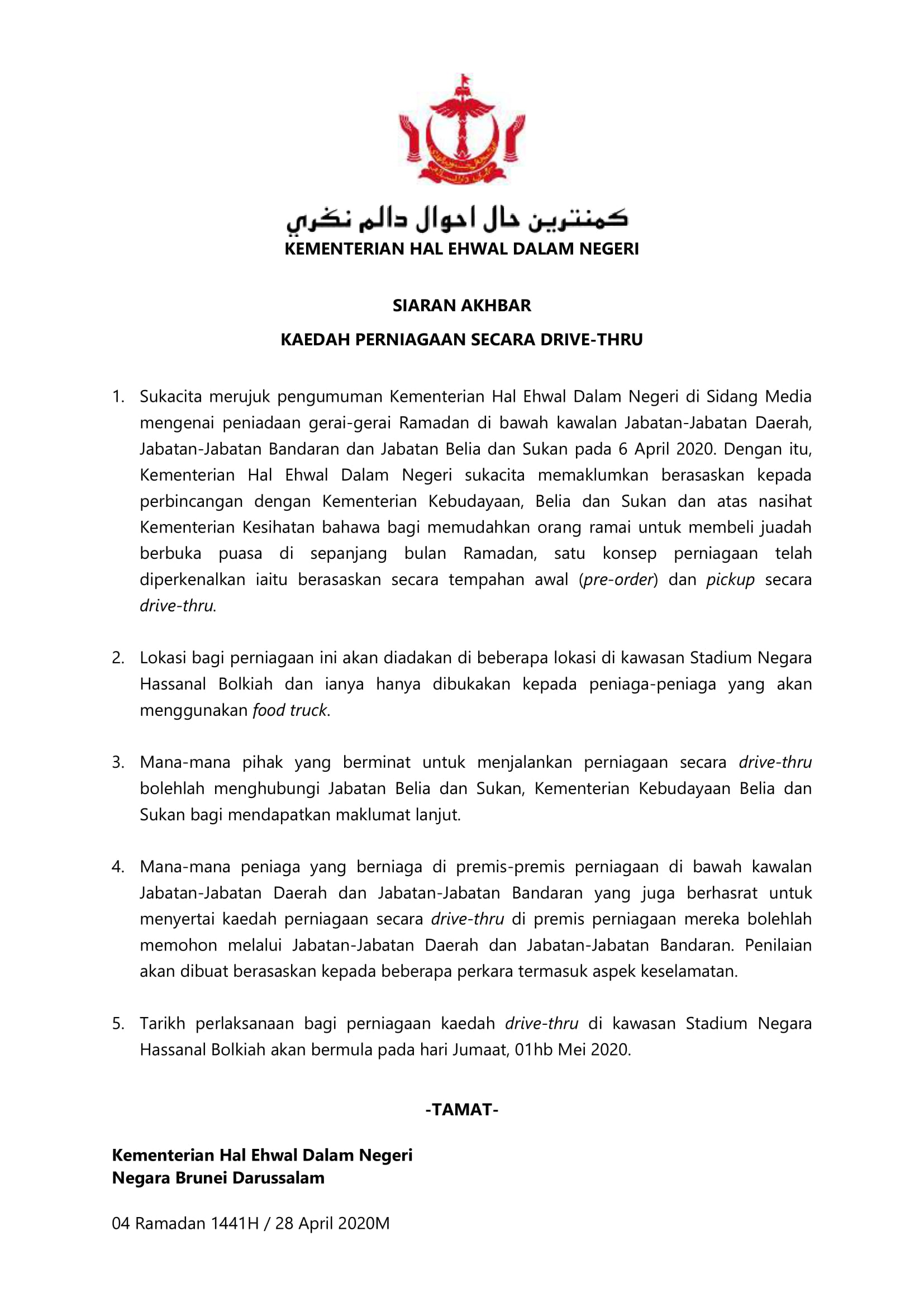 Siaran Akhbar 28042020 Kaedah Perniagaan Secara Drive thru-1