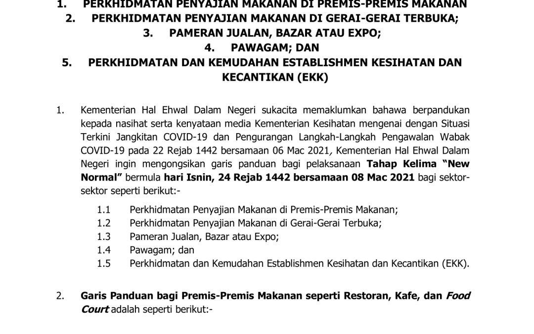 Garis Panduan Pelaksanaan Pelan De-Escalation Tahap Kelima “New Normal” Bagi Perkhidmatan Penyajian Makanan Di Premis-Premis Makanan Perkhidmatan Penyajian Makanan Di Gerai-Gerai Terbuka; Pameran Jualan, Bazar Atau Expo; Pawagam; Dan Perkhidmatan EKK
