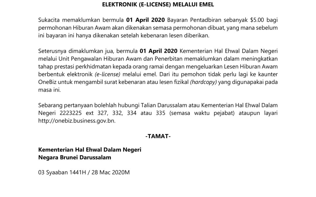 Bayaran Pentadbiran Permohonan Hiburan Awam & Pengeluaran Lesen Hiburan Awam Berbentuk Elektronik (E-License) Melalui Emel
