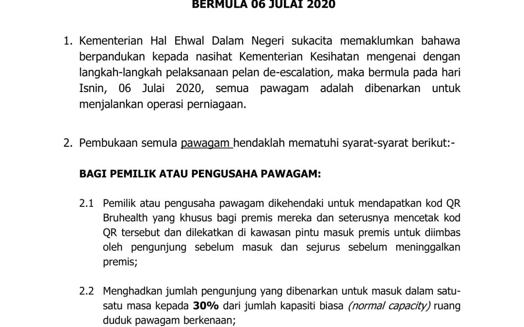 Pelaksanaan Pelan De-Escalation Fasa Pertama Kebenaran Pembukaan Semula Pawagam Bermula 06 Julai 2020