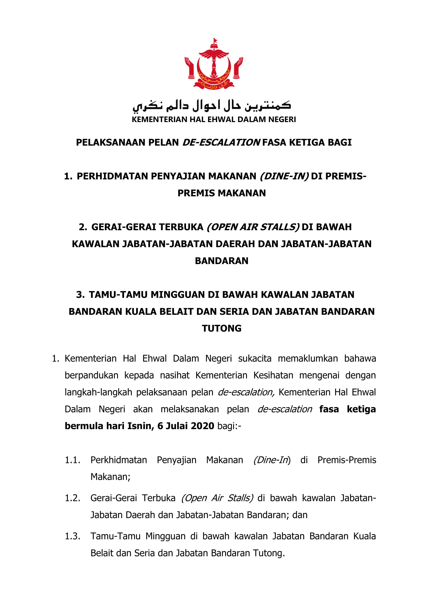 Siaran Akhbar MOHA 01072020 De-Escalation RESTORAN GERAI TAMU MINGGUAN Fasa 3-01
