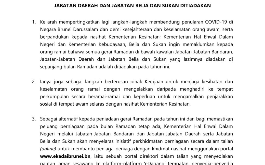 Gerai Ramadan Di Bawah Kawalan Jabatan-Jabatan Bandaran, Jabatanjabatan Daerah Dan Jabatan Belia Dan Sukan Ditiadakan