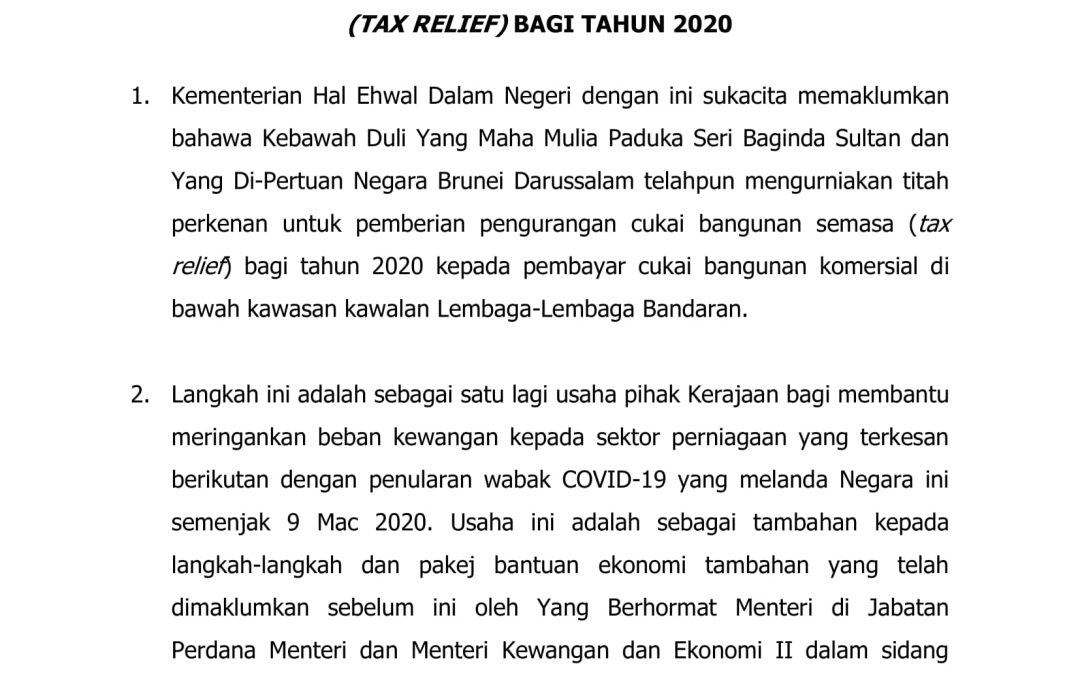 Pemberian Pengurangan Cukai Bangunan Semasa (Tax Relief) Bagi Tahun 2020