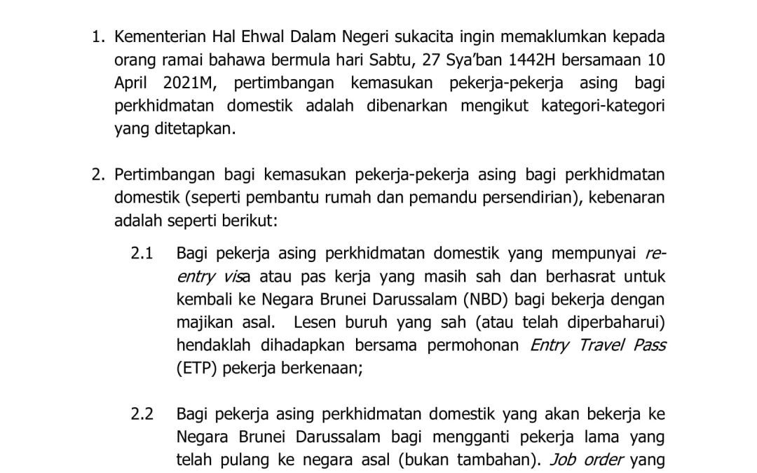 Pertimbangan Kemasukan Pekerja-Pekerja Asing Bagi Perkhidmatan Domestik Ke Negara Brunei Darussalam